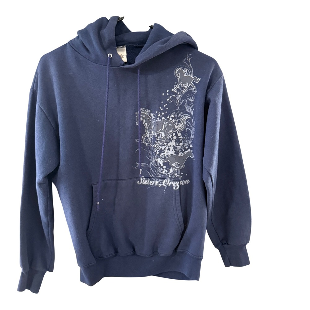 Walt Disney World Vintage Navy Blue Horse Hoodie‎ Sisters Oregon Distressed S